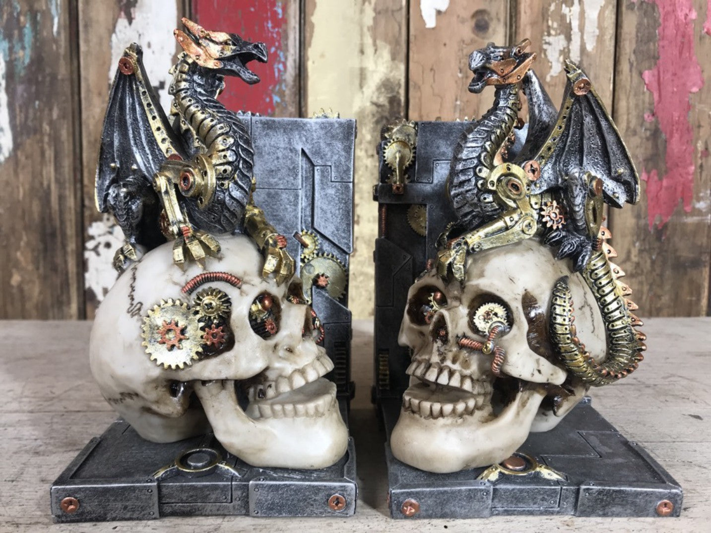 Steampunk Skulls With Dragons Bookends Fantastic Amazing Detail Quirky Bookends