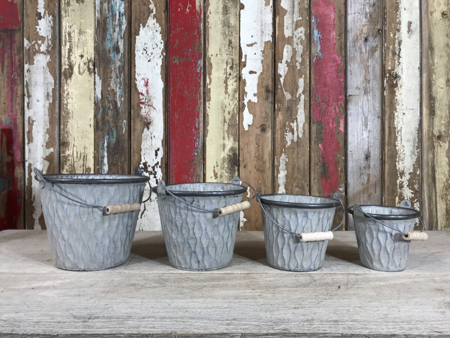 Set of 4 Galvanised Steel Stackable Garden Planters Lovely With Wooden Handles