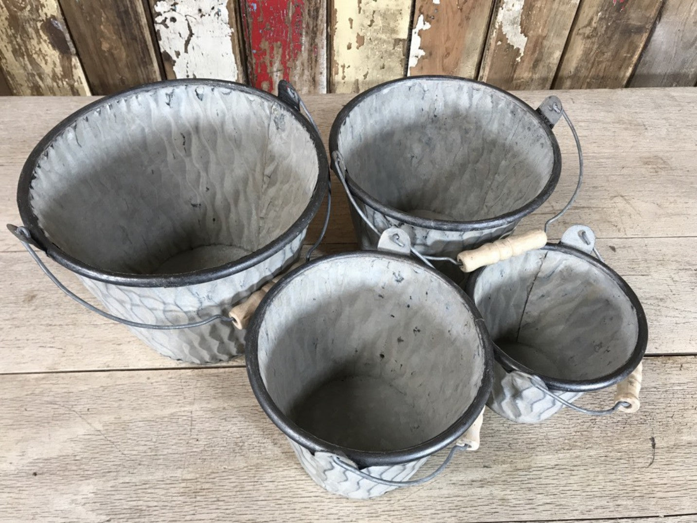 Set of 4 Galvanised Steel Stackable Garden Planters Lovely With Wooden Handles