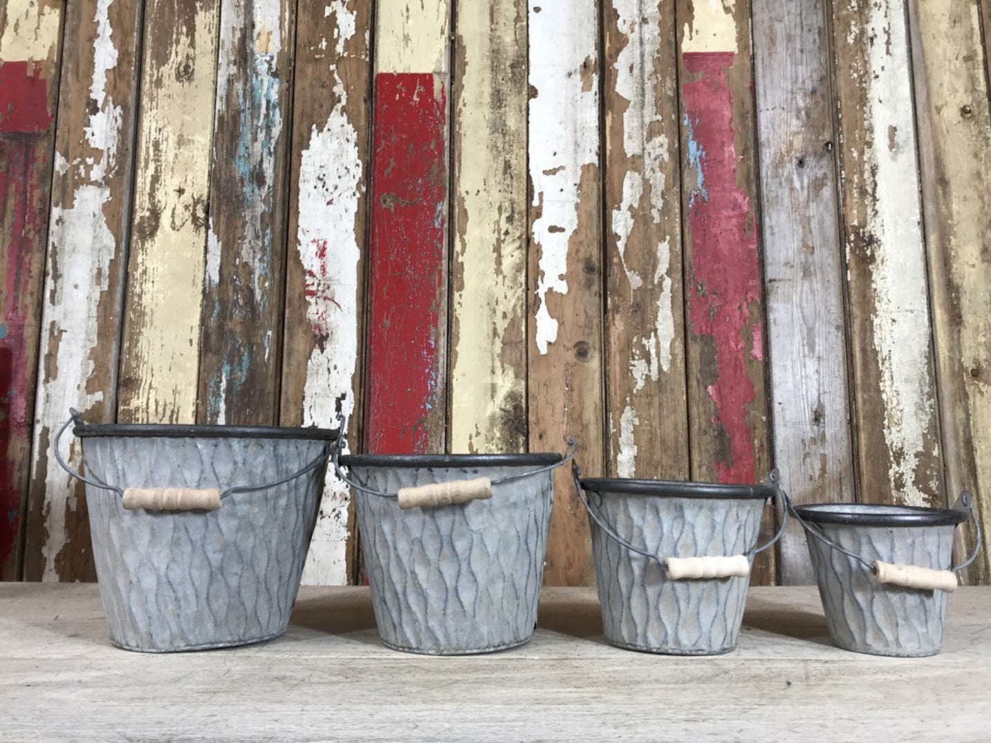 Set of 4 Galvanised Steel Stackable Garden Planters Lovely With Wooden Handles