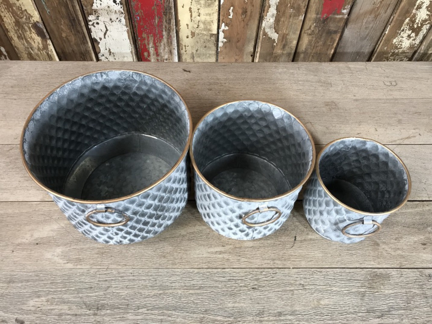 Set of 3 Galvanised Steel Planters Matt Grey Ribbed Texture New Copper Detail