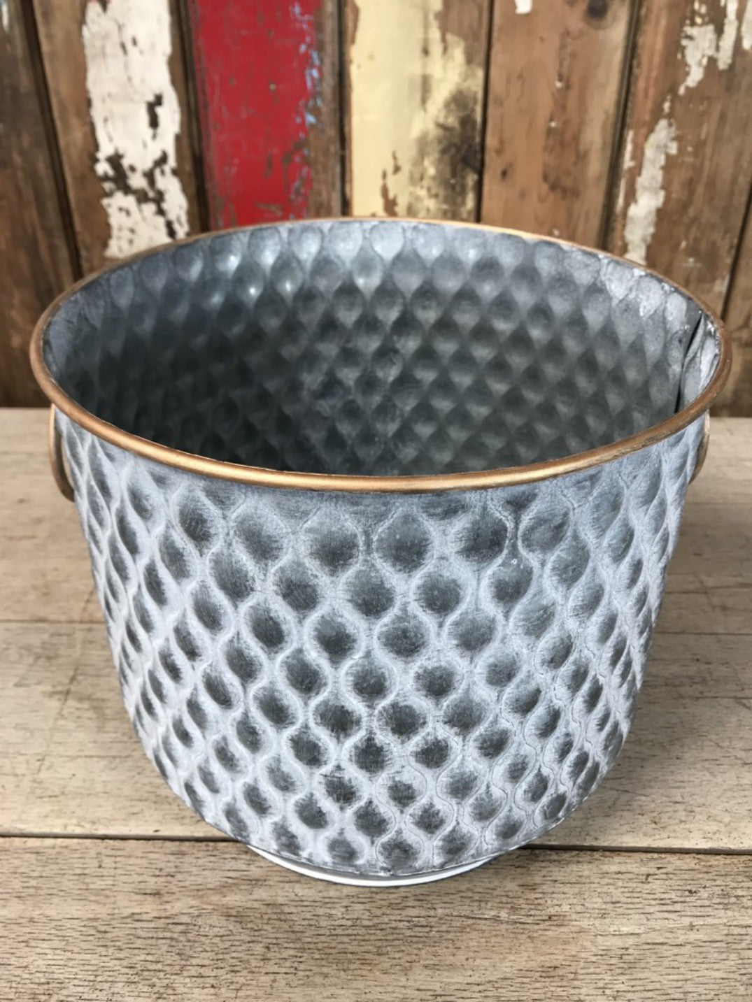 Set of 3 Galvanised Steel Planters Matt Grey Ribbed Texture New Copper Detail