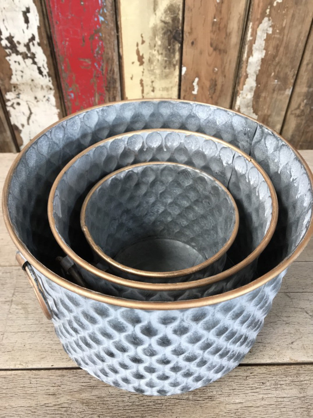 Set of 3 Galvanised Steel Planters Matt Grey Ribbed Texture New Copper Detail