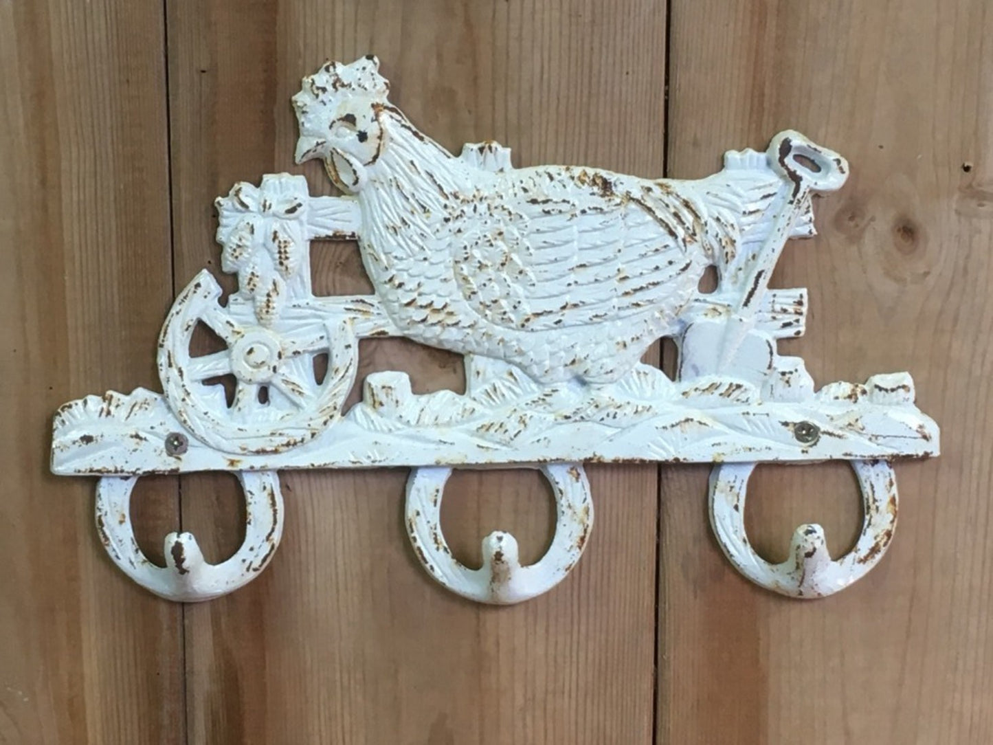 Rack Of 3 Cast Iron Shabby Chic Coat Hooks With Chicken In Farmyard