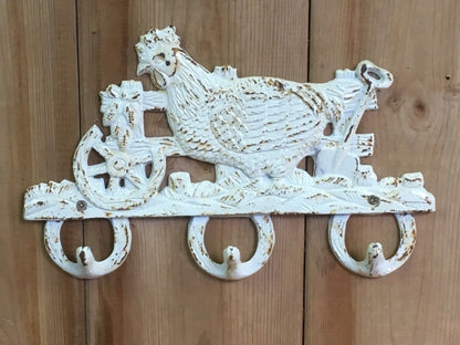 Rack Of 3 Cast Iron Shabby Chic Coat Hooks With Chicken In Farmyard