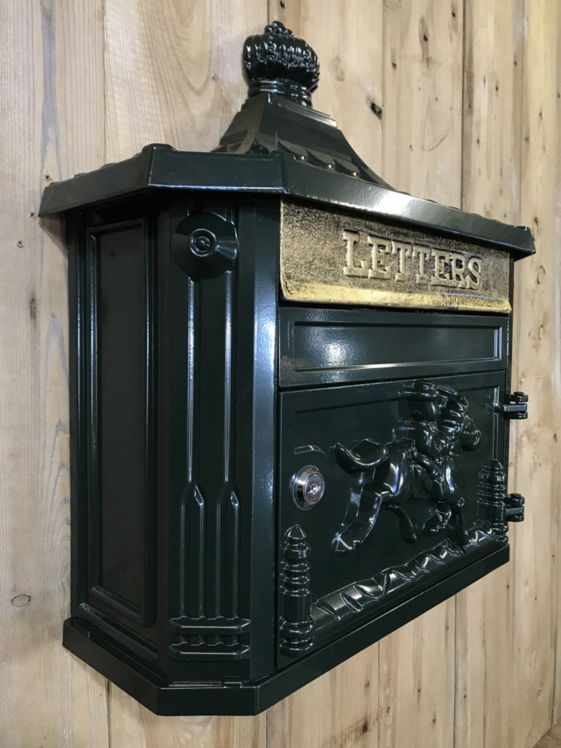 Dark Green Cast Aluminium Horse Man Letter Wall Post Box