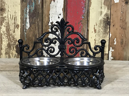Ornate Cast Iron Double Cat, Small Dog, Pet Dish Stand & Stainless 5" Bowls