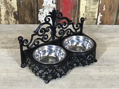 Ornate Cast Iron Double Cat, Small Dog, Pet Dish Stand & Stainless 5" Bowls