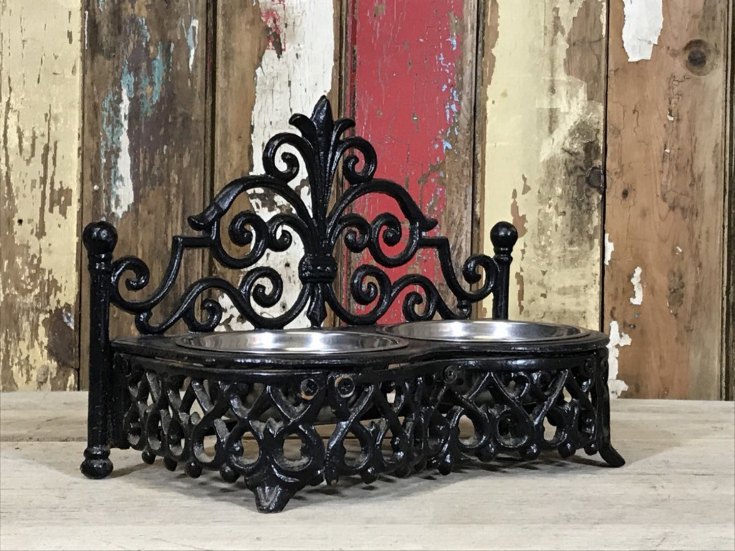 Ornate Cast Iron Double Cat, Small Dog, Pet Dish Stand & Stainless 5" Bowls