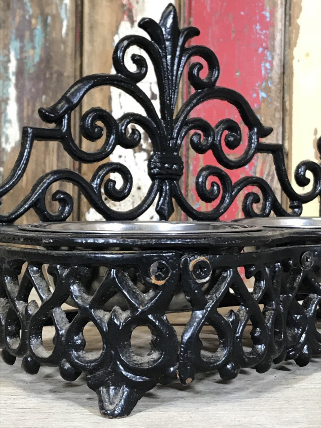 Ornate Cast Iron Double Cat, Small Dog, Pet Dish Stand & Stainless 5" Bowls