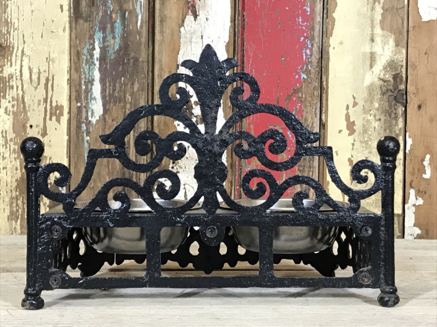 Ornate Cast Iron Double Cat, Small Dog, Pet Dish Stand & Stainless 5" Bowls