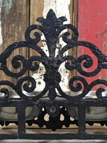 Ornate Cast Iron Double Cat, Small Dog, Pet Dish Stand & Stainless 5" Bowls