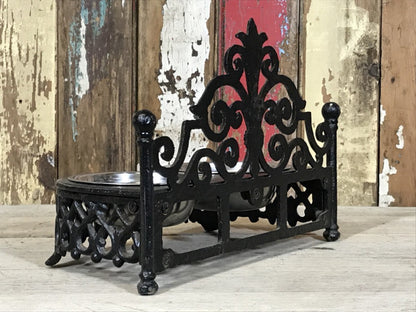 Ornate Cast Iron Double Cat, Small Dog, Pet Dish Stand & Stainless 5" Bowls