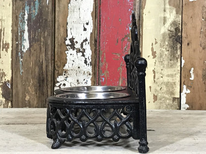 Ornate Cast Iron Double Cat, Small Dog, Pet Dish Stand & Stainless 5" Bowls