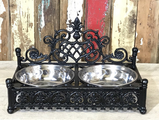 Ornate Cast Iron Double Medium Small Dog, Pet Dish Stand & Stainless 7¾" Bowls