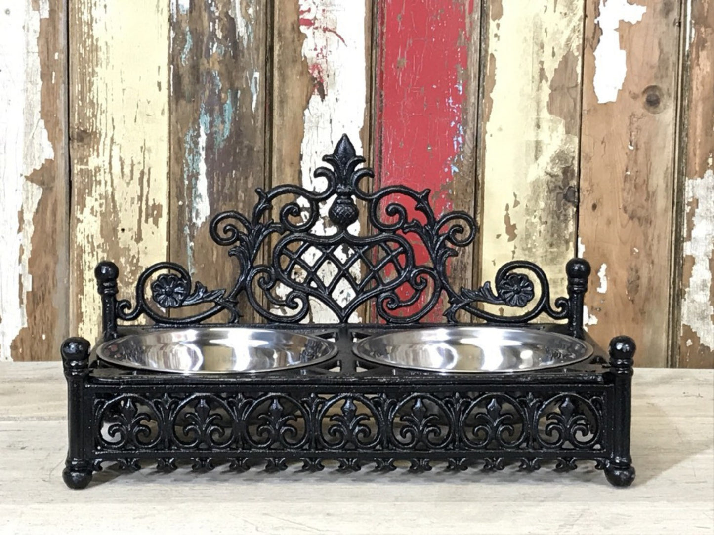 Ornate Cast Iron Double Medium Small Dog, Pet Dish Stand & Stainless 7¾" Bowls