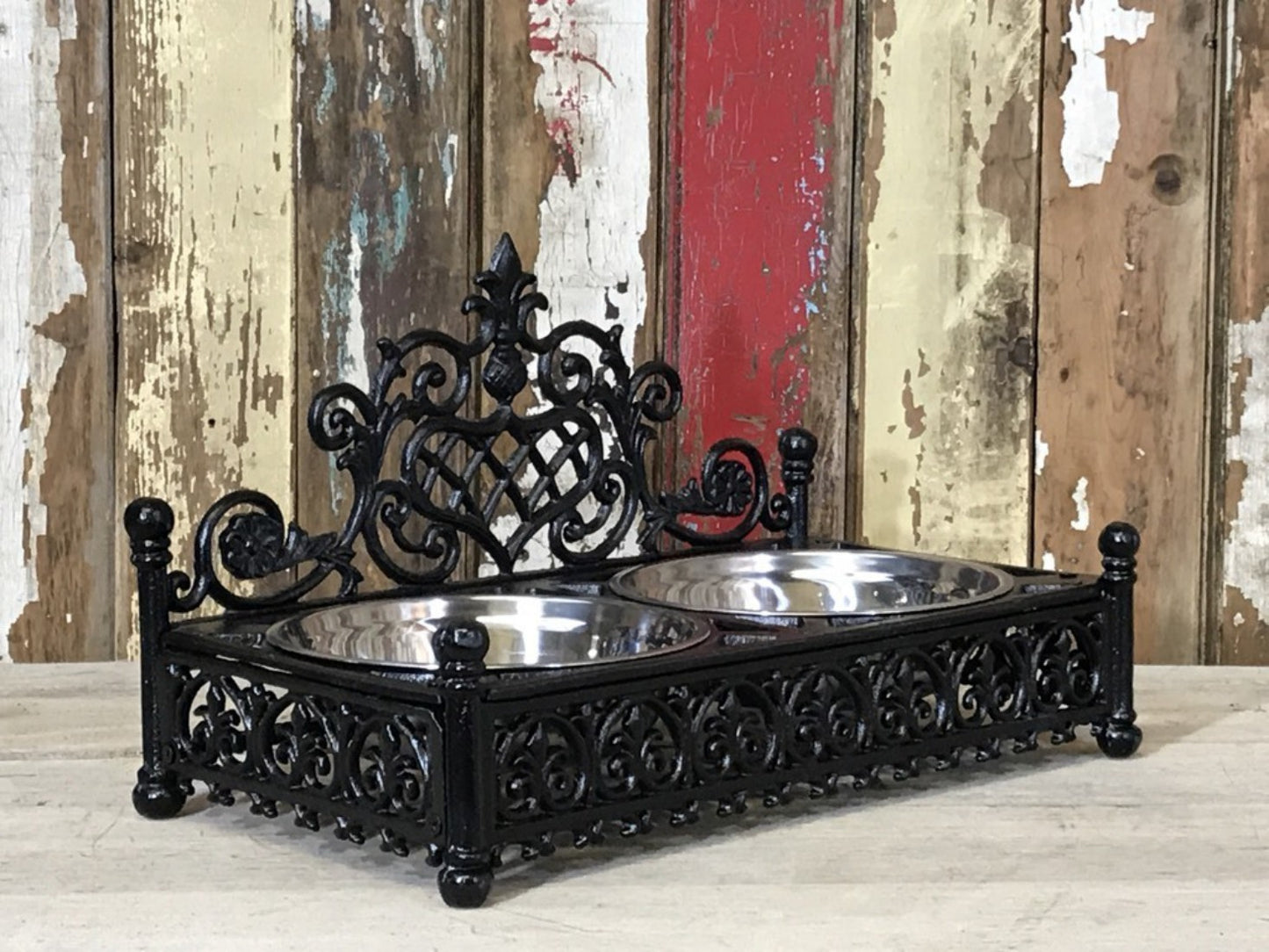 Ornate Cast Iron Double Medium Small Dog, Pet Dish Stand & Stainless 7¾" Bowls