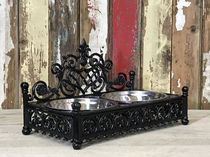 Ornate Cast Iron Double Medium Small Dog, Pet Dish Stand & Stainless 7¾" Bowls