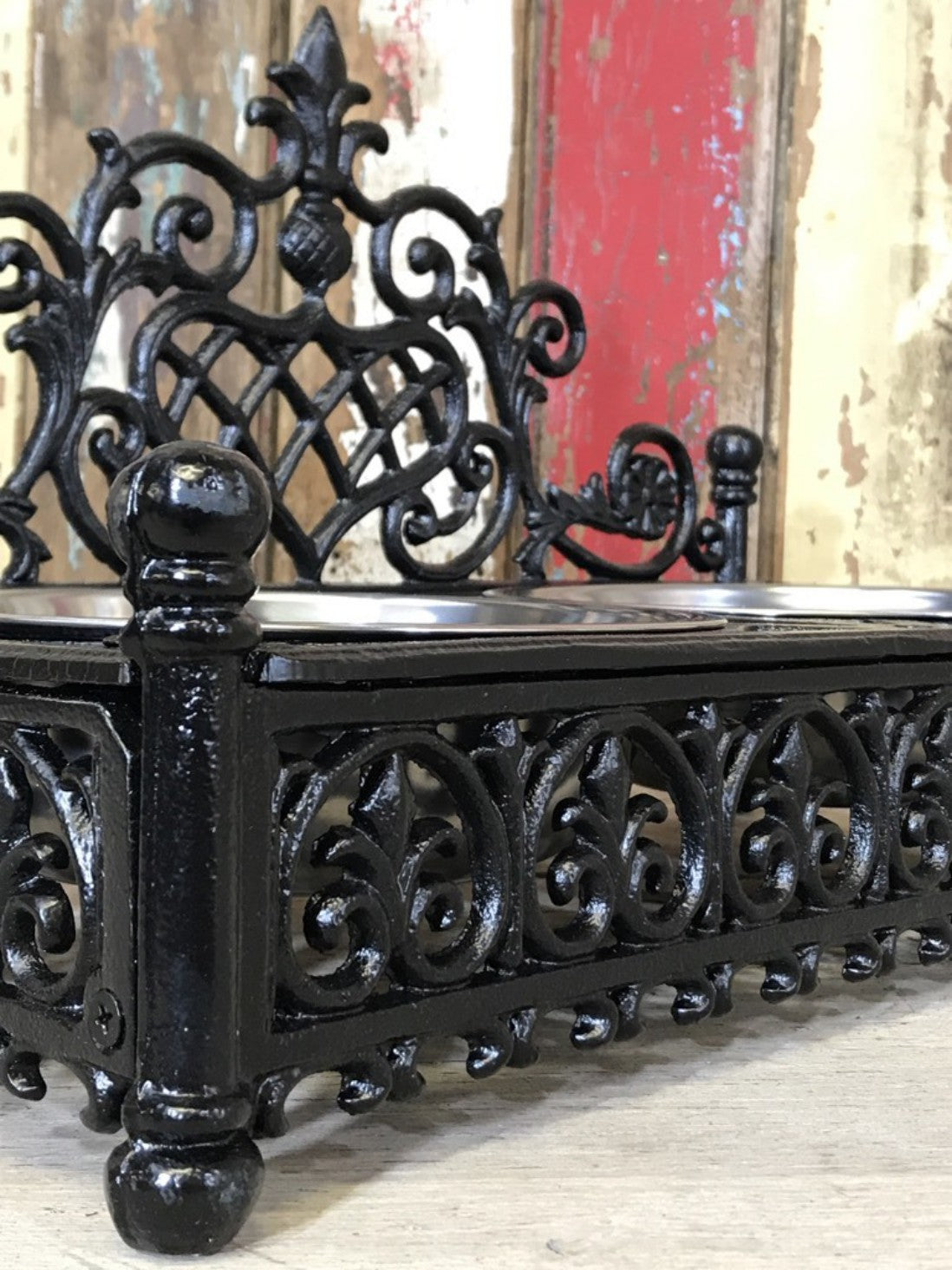 Ornate Cast Iron Double Medium Small Dog, Pet Dish Stand & Stainless 7¾" Bowls