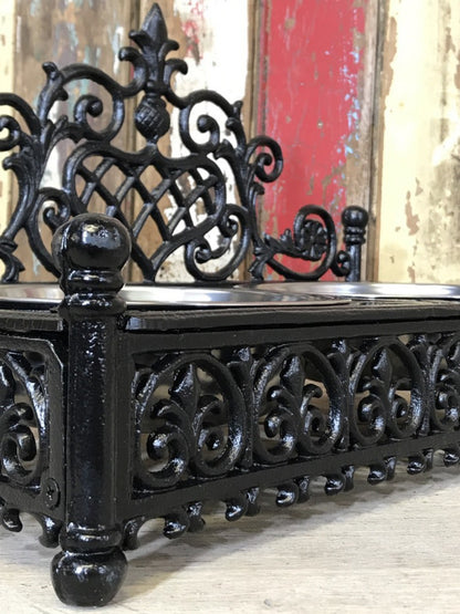 Ornate Cast Iron Double Medium Small Dog, Pet Dish Stand & Stainless 7¾" Bowls
