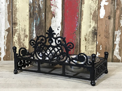 Ornate Cast Iron Double Medium Small Dog, Pet Dish Stand & Stainless 7¾" Bowls