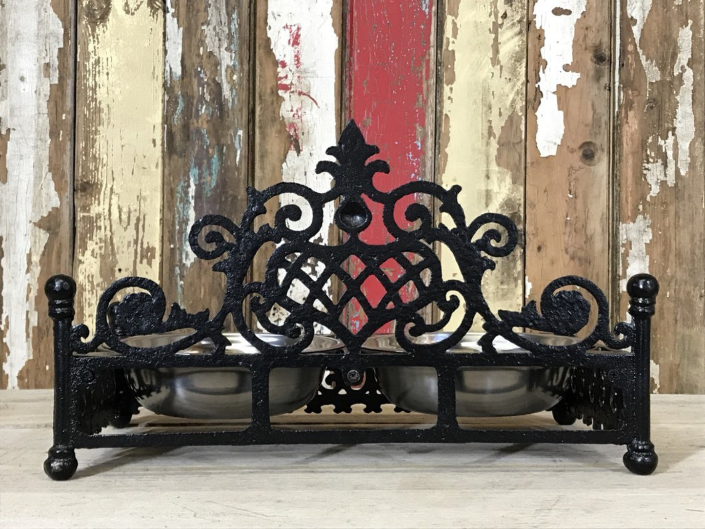 Ornate Cast Iron Double Medium Small Dog, Pet Dish Stand & Stainless 7¾" Bowls