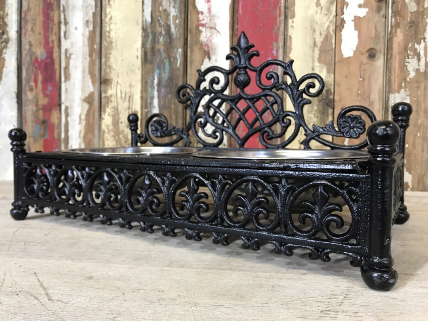 Ornate Cast Iron Double Medium Small Dog, Pet Dish Stand & Stainless 7¾" Bowls