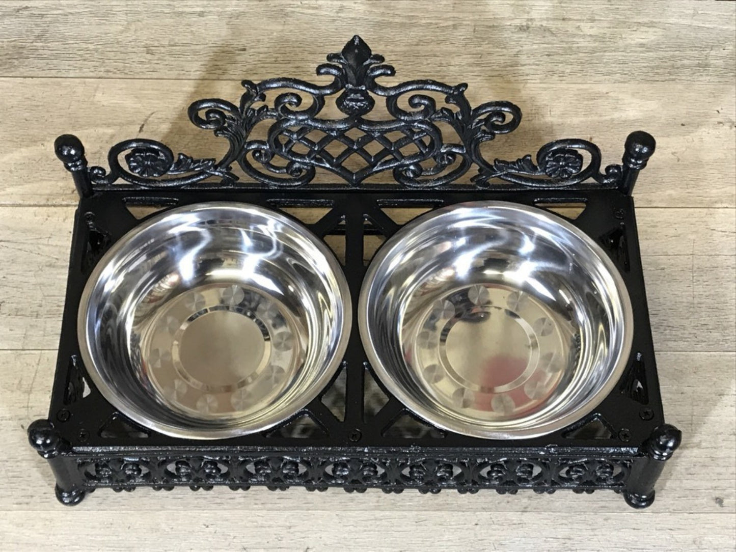 Ornate Cast Iron Double Medium Small Dog, Pet Dish Stand & Stainless 7¾" Bowls