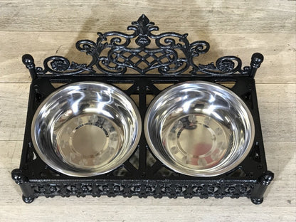 Ornate Cast Iron Double Medium Small Dog, Pet Dish Stand & Stainless 7¾" Bowls