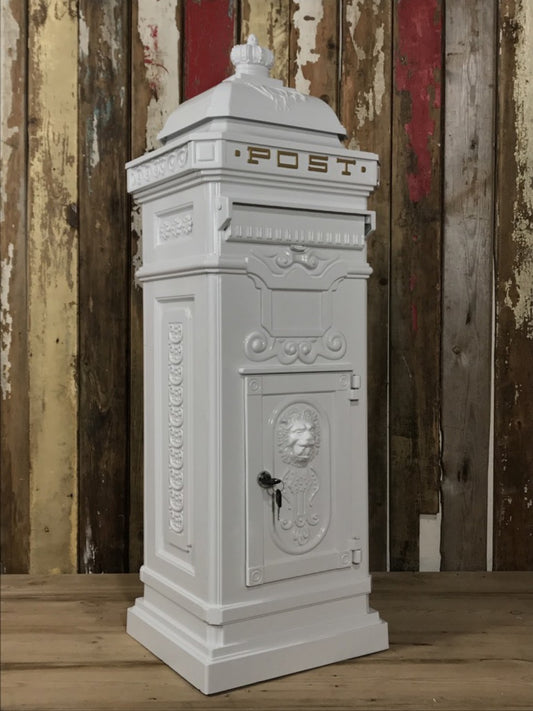White Cast Aluminium Tall Pillar Mailbox Parcel Post Letter Box