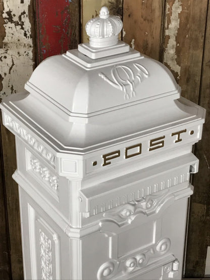 White Cast Aluminium Tall Pillar Mailbox Parcel Post Letter Box
