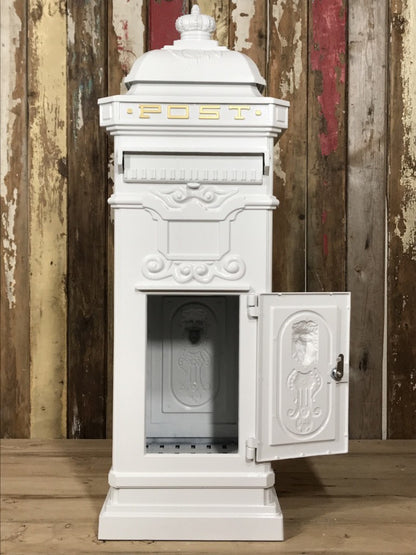 White Cast Aluminium Tall Pillar Mailbox Parcel Post Letter Box
