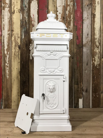 White Cast Aluminium Tall Pillar Mailbox Parcel Post Letter Box