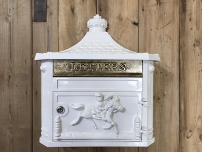White & Gold Cast Aluminium Horseman Letter Wall Post Box