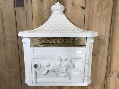 White & Gold Cast Aluminium Horseman Letter Wall Post Box