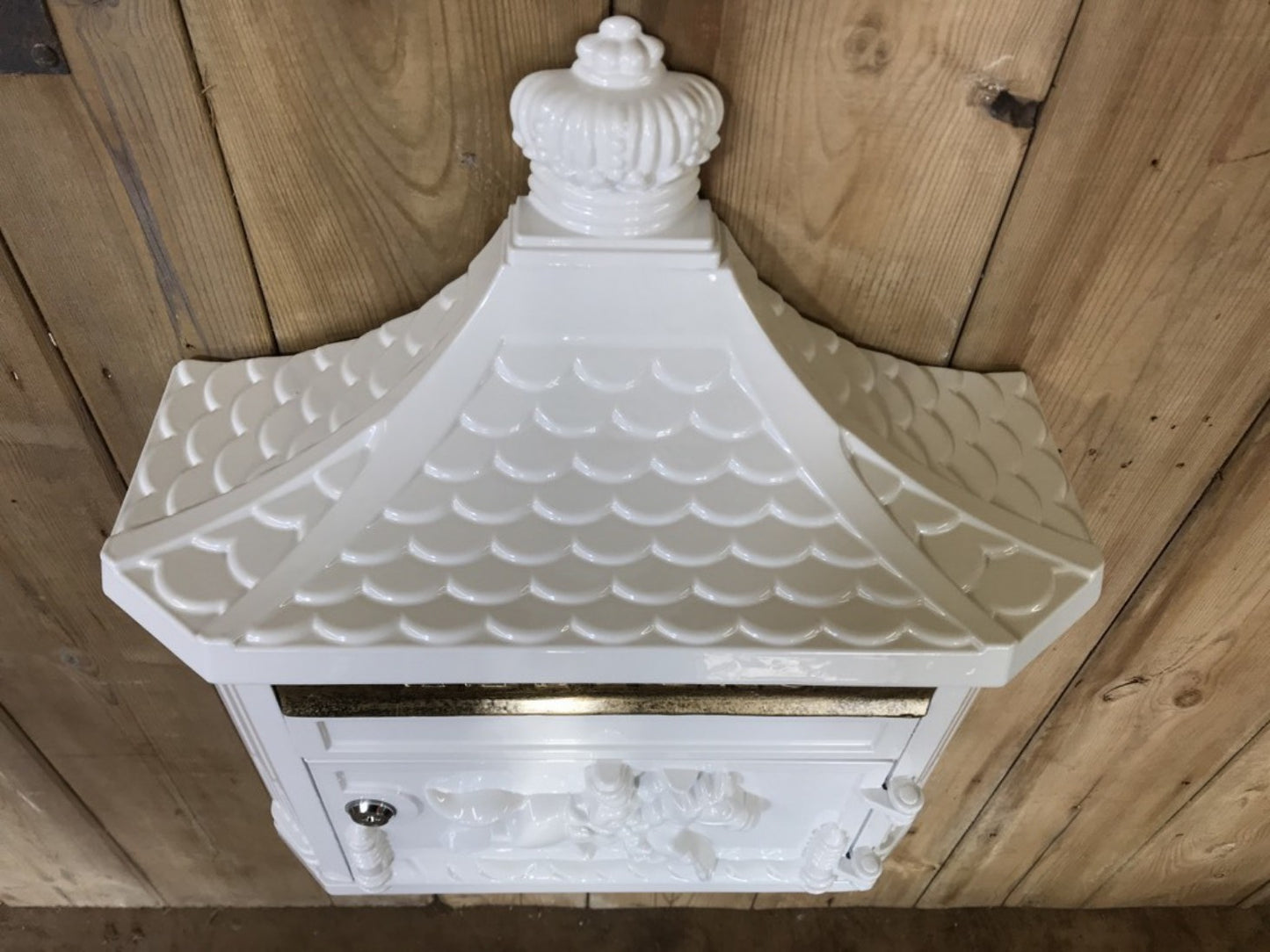 White & Gold Cast Aluminium Horseman Letter Wall Post Box