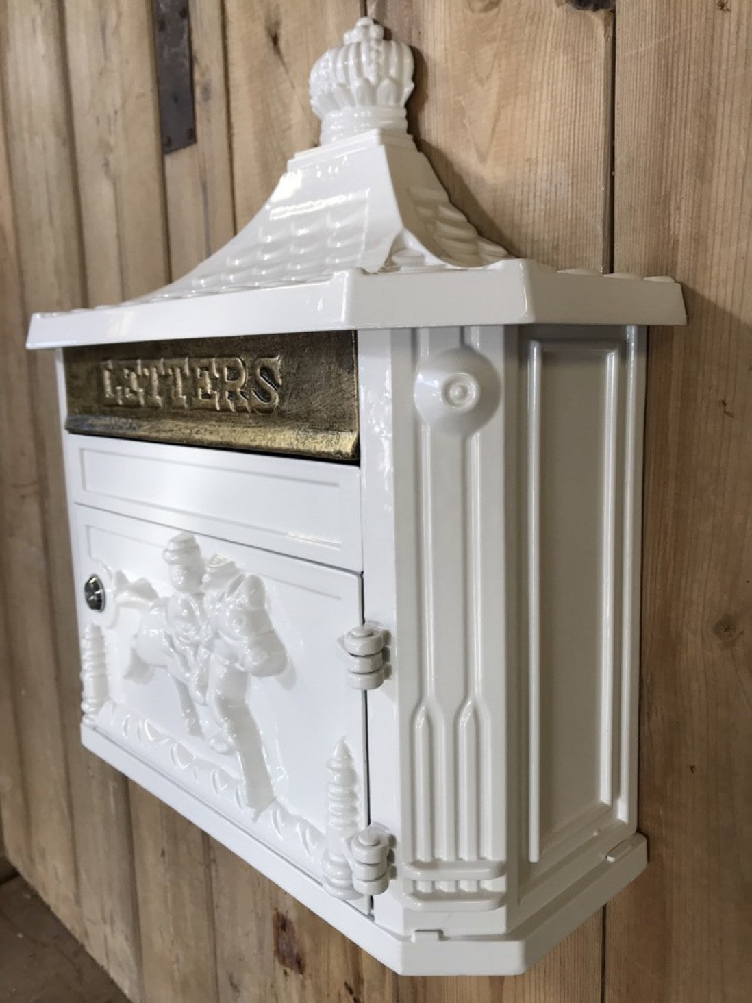 White & Gold Cast Aluminium Horseman Letter Wall Post Box