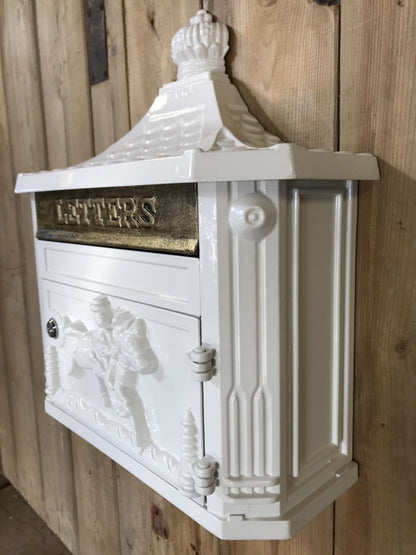 White & Gold Cast Aluminium Horseman Letter Wall Post Box