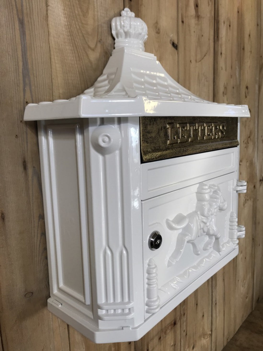 White & Gold Cast Aluminium Horseman Letter Wall Post Box