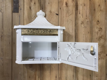 White & Gold Cast Aluminium Horseman Letter Wall Post Box