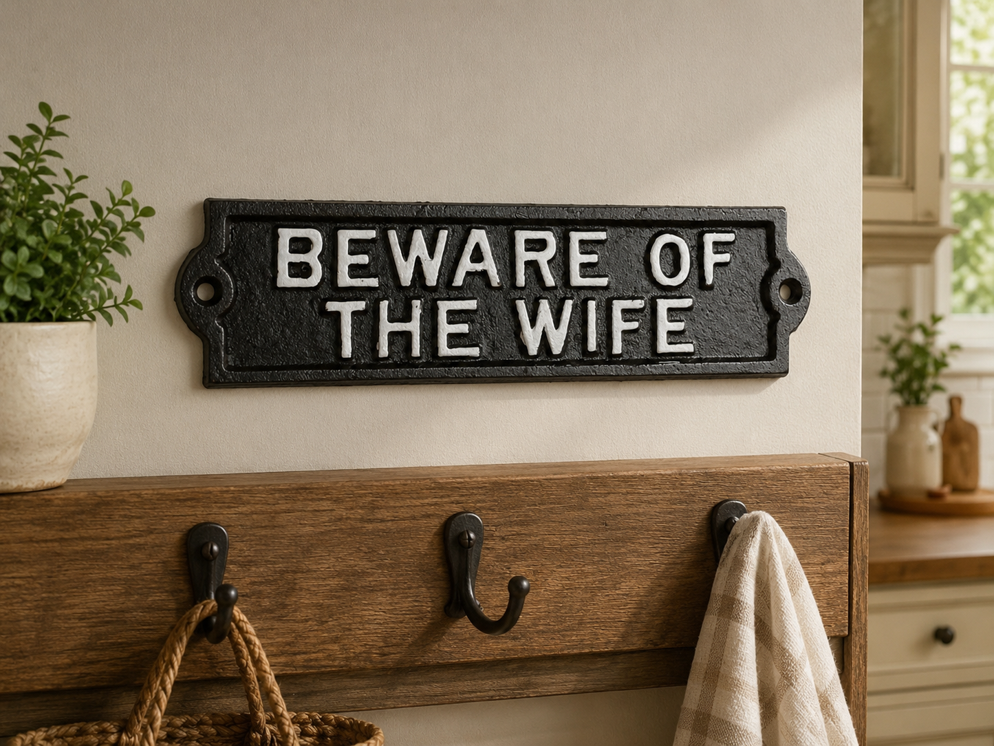 New Fun Cast Iron Wall Sign BEWARE OF THE WIFE White Raised Letter Text