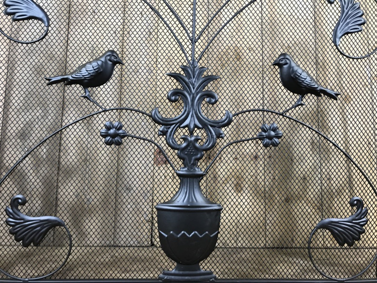 Black Wrought Iron Steel Folding Stove Fire Guard Vase, Birds & Leaves Design