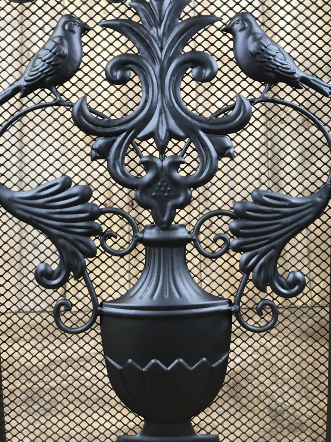 Black Wrought Iron Steel Folding Stove Fire Guard Vase, Birds & Leaves Design