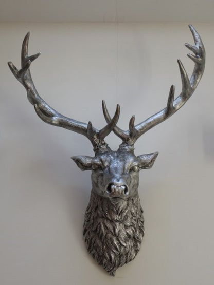 Life Like Antique Silver Stags Head With Antlers Wall Hung Deer Buck 26" High