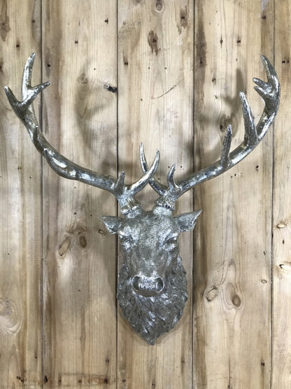 Life Like Antique Silver Stags Head With Antlers Wall Hung Deer Buck 26" High