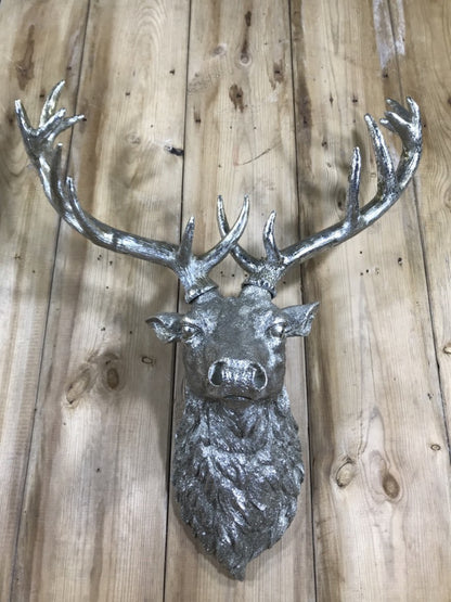 Life Like Antique Silver Stags Head With Antlers Wall Hung Deer Buck 26" High