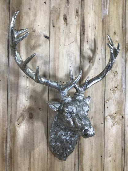 Life Like Antique Silver Stags Head With Antlers Wall Hung Deer Buck 26" High