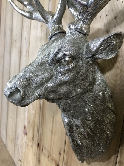 Life Like Antique Silver Stags Head With Antlers Wall Hung Deer Buck 26" High