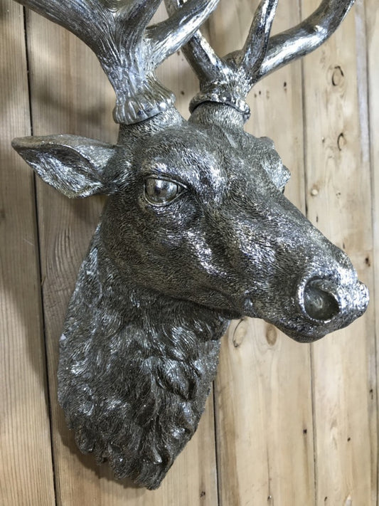 Life Like Antique Silver Stags Head With Antlers Wall Hung Deer Buck 26" High