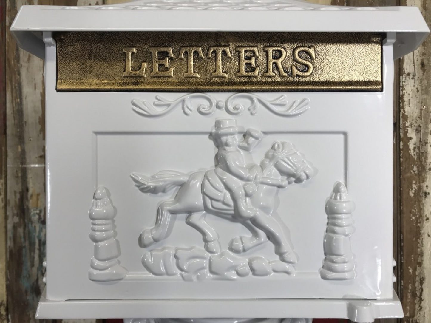 Attractive White Aluminium Post Box With Horse & Rider Design 46" Tall